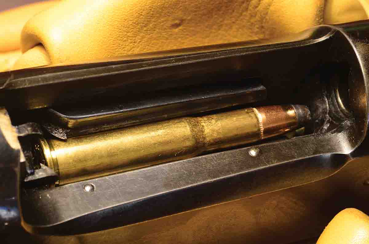 The Barnes 190-grain Original bullet, seated to the cannelure, is a perfect fit in the Savage 99 box magazine. Limitations of the  magazine restrict the use of spitzer bullets.